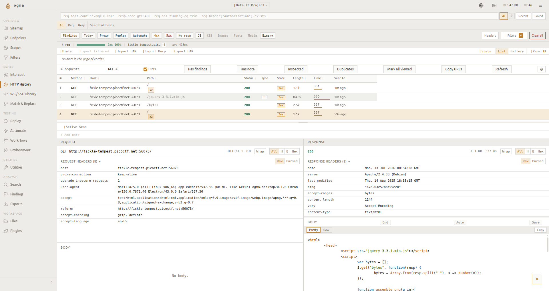 Ogma HTTP History with request and response inspectors