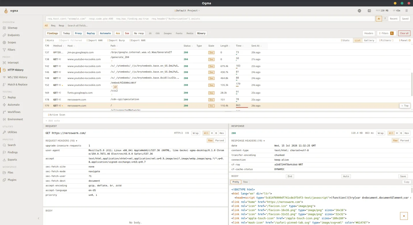Ogma HTTP History with request and response inspectors